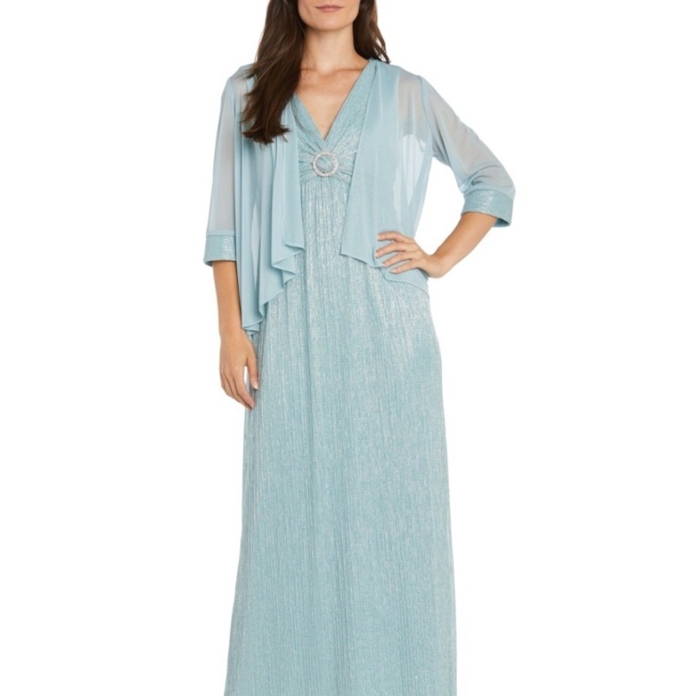 R&M Richards 2 Piece Gown Set Women 6P New Metallic Sage Blue Dress Jacket 0147